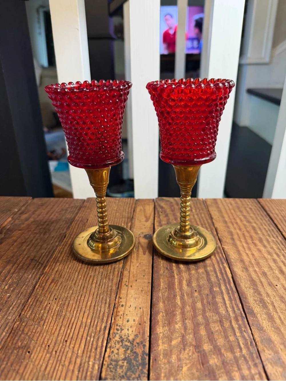 Pair of Vintage Gothic Farmhouse Red Hobnail Glass Candle Holders Brass Stems